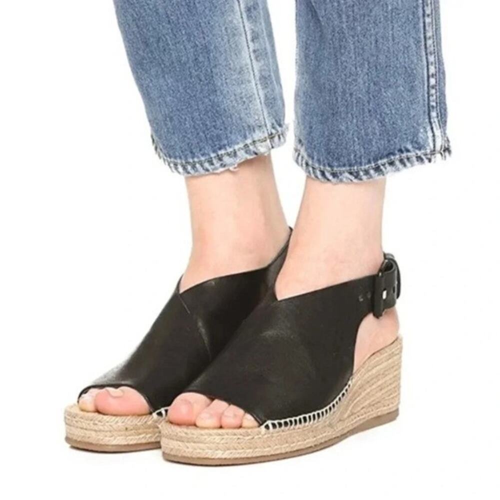 Rag & Bone Sienna Soft Leather Wedge Espadrille Sandal in Black Size 7 (US)